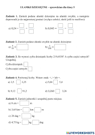 Ułamki dziesiętne - sprawdzian dla klasy 5 worksheet