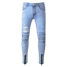 2019 Fashion Mens Straight Slim Fit Hole Biker Jeans Light Colored Washed Pencil Pants Ripped Destroyed Denim Jeans Hip Hop Streetwear Blue From