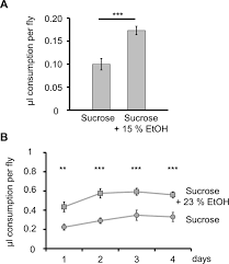the capillary feeder assay measures food intake in drosophila males consume significantly more of a 15% etoh containing sucrose solution than of a plain sucrose solution p le 0 001 n 27