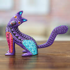 Wood Cat Alebrije Figurine In Purple