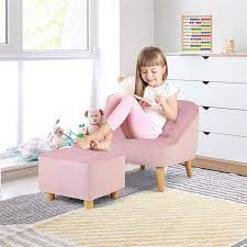 Soft Velvet Upholstered Kids Sofa Chair With Ottoman Pink Costway