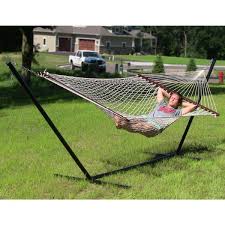 It arrived quickly and took about 2 hours to assemble. Sunnydaze Decor Double 12 Ft Free Standing 2 Person Spreader Bar Rope Hammock Bed With Stand Ly Cdwhws Combo The Home Depot