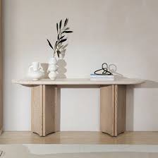 Parham 71 Oval Oak Wood Console Table Natural Cream Marble West Elm