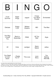 taylor swift songs bingo cards to