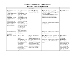 Reading Calendar For Folklore Unit Includes Daily Mini Lessons
