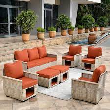 Xizzi Aphrodite 7 Piece Wicker Outdoor Patio Conversation Seating Sofa Set With Orange Red Cushions