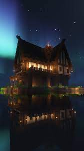 minecraft house night scenery 4k