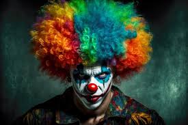 terrible sinister clown in colorful wig