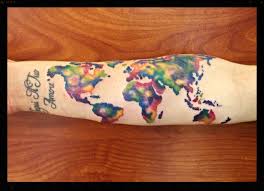 For example here is a world map tattoo mixed up with a geographic tattoo on the back of this girl. Watercolor World Map Tattoo Maps On The Web