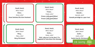 Knock knock jokes are used by both children and adults as a play with words. Knock Knock Christmas Cracker Jokes Teacher Made