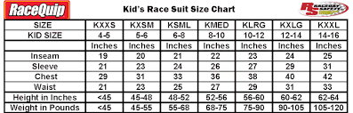 Racequip Kids Race Suit Size Chart