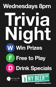 Wed sep 22nd 7:00pm (edt) trivia every wednesday night @ 7pm! Nyc Trivia Night Wednesday New York Beer Company