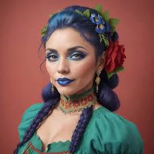 a woman with blue hair and blue makeup