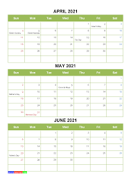 Each calendar template is blank for easy entering of info. Free Printable April May June 2021 Calendar 3 Months 1 Page