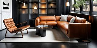 brown leather sofa and black flooring