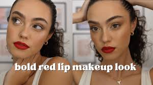 dewy skin red lip makeup look you