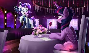2709238 - safe, artist:darksly, rarity, twilight sparkle, alicorn, pony,  unicorn, alternate universe, beautiful, bow, clothes, cutie mark, dress,  duo, female, flower, glass, heart eyes, jewelry, lesbian, lounge singer,  magic, microphone, microphone stand,