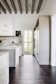 white plank kitchen ceiling with brown