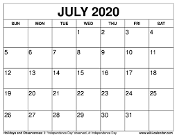 Free Printable July 2020 Calendar
