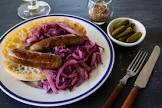 braised red cabbage  apples  and brats