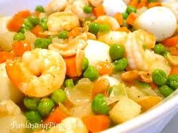 shrimp with quail eggs and green peas