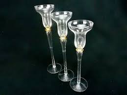 set of 3 long stem glass candle holders