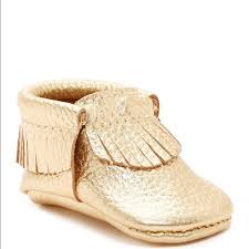 First Steps Leather Fringe Baby Moccasins In Gold Nwt