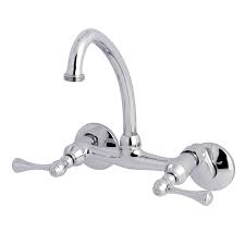 Kingston's widespread bathroom faucet in polished chrome looks stunning against the gray and white wallpaper in a powder bath. Kingston Brass Ks374c 6 Inch Adjustable Center Wall Mount Laundry Faucet Kingstonbrass Com