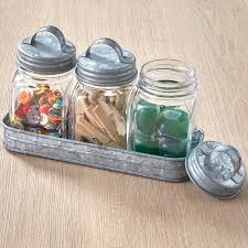 3 Glass Canisters In Galvanized Tray