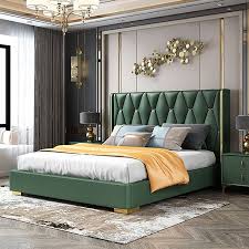 Green Platform Bed King Solid Wood Bed