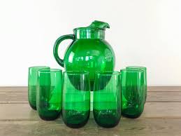 Vintage Green Glass Jug Pitcher Set