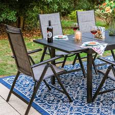 Phi Villa Black 7 Piece Metal Extendable Table Patio Outdoor Dining Set With Gery Folding Reclining Padded Sling Chairs