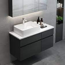 31 Black White Floating Bathroom Vanity Faux Marble Top Ceramic Vessel Sink