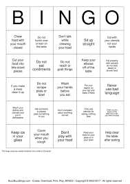table manners bingo cards to