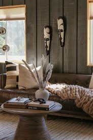 living room with brown furniture