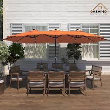 Casainc 15 Ft Steel Patio Double Side Market Umbrella With Base And Solar Light With Base In Orange