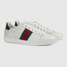 Womens White Leather Ace Sneaker With Green Red Web