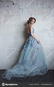 young beautiful lady romantic blue long