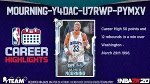 Manu ginobili pack or 2 tokens how to enter the locker code? Nba 2k20 Career Highlights Diamond Alonzo Mourning Card Live With Free Locker Code