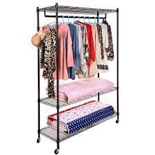 The portable hanger is where you can hang clothes and store sweaters, hats, gloves, purses shoes and even totes. Portable 3 Tier Wire Shelving Clothes Shelf Closet Organizer Garment Rack Side Hooks Wheels Walmart Com Walmart Com