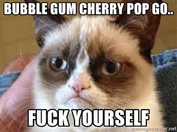 Pop cat, refers to a series of videos in which use two images of a cat named oatmeal, one with its mouth closed, and the other photoshopped as if the cat is holding it wide open in the shape of an o. Bubble Gum Cherry Pop Go Fuck Yourself Angry Cat Meme Meme Generator