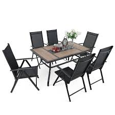 Phi Villa 7 Piece Black Metal Patio Outdoor Dining Set With Geometric Rectangle Table And Black Folding Reclining Sling Chairs