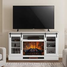 Home Decorators Collection Bramble 63 In Freestanding Electric Fireplace Tv Stand W Sliding Mesh Barn Door In White W Washed Walnut Top