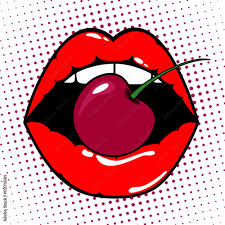 woman red lips with cherry on pop art
