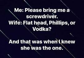 dopl3r.com - Memes - Me Please bring me a screwdriver. Wife Flat head  Phillips or Vodka? And that was when I knew she was the one.