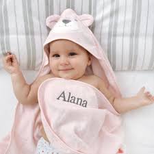 Buy personalised towels £3.00, egyptian cotton towels, quality beach bath size towel. Personalised Pink Bear Hooded Baby Towel