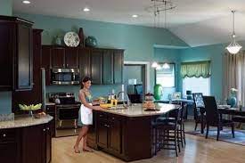 teal kitchen walls brown cabinets