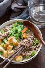 miso soba noodle soup with crispy tofu
