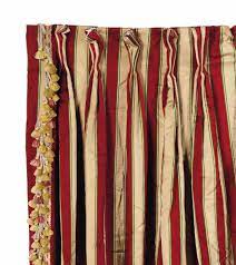 TWO PAIRS OF BURGUNDY AND BEIGE STRIPED SILK CURTAINS,