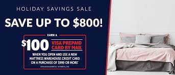 5 years with a minimum purchase of $2799, 4 years with a minimum purchase of $1999, 3 years with a minimum purchase of $1299, 2 years with a minimum purchase of $999 on your mattress firm credit card. Mattress Warehouse Announces 2019 Holiday Savings Sale
